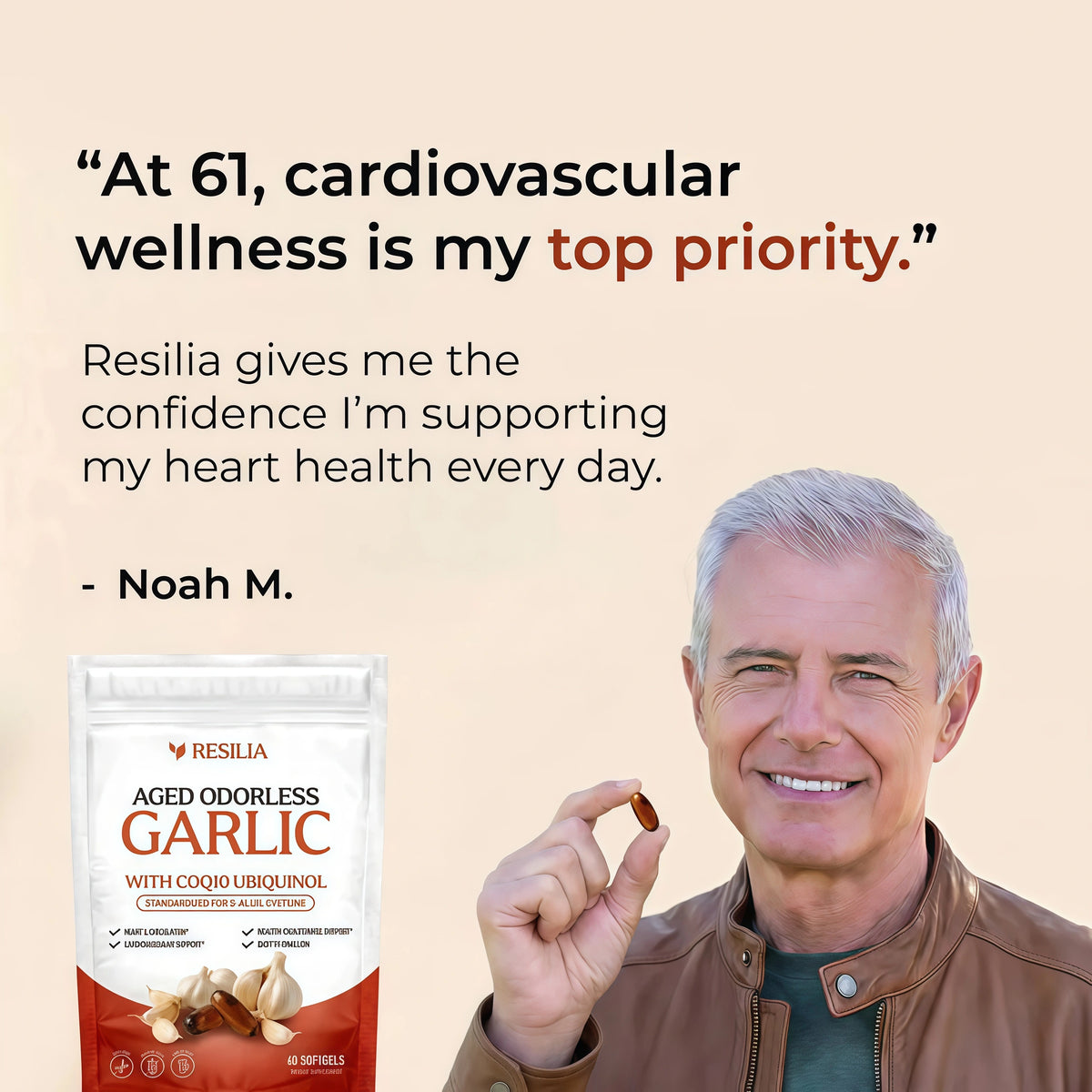 Resilia Odorless Aged Garlic Softgels (60 Count) 600mg Aged Garlic Per Serving | With CoQ10 Ubiquinol & Vitamin K2 (MK-7) | Dietary Supplement