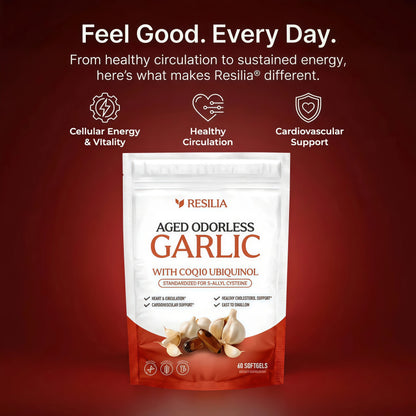 Resilia Odorless Aged Garlic Softgels (60 Count) 600mg Aged Garlic Per Serving | With CoQ10 Ubiquinol & Vitamin K2 (MK-7) | Dietary Supplement