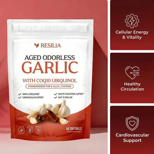 Resilia Odorless Aged Garlic Softgels (60 Count) 600mg Aged Garlic Per Serving | With CoQ10 Ubiquinol & Vitamin K2 (MK-7) | Dietary Supplement