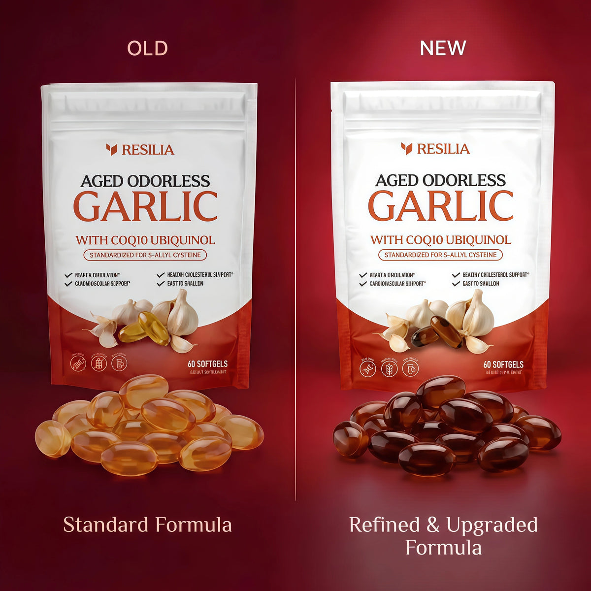 Resilia Odorless Aged Garlic Softgels (60 Count) 600mg Aged Garlic Per Serving | With CoQ10 Ubiquinol & Vitamin K2 (MK-7) | Dietary Supplement